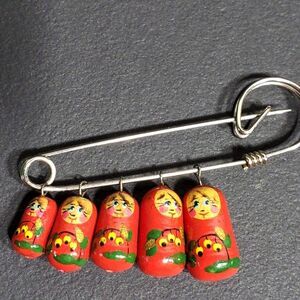 Vintage Matryoshka Doll Pin Safety Brooch Red Hand Painted Charms Boho Ethnic